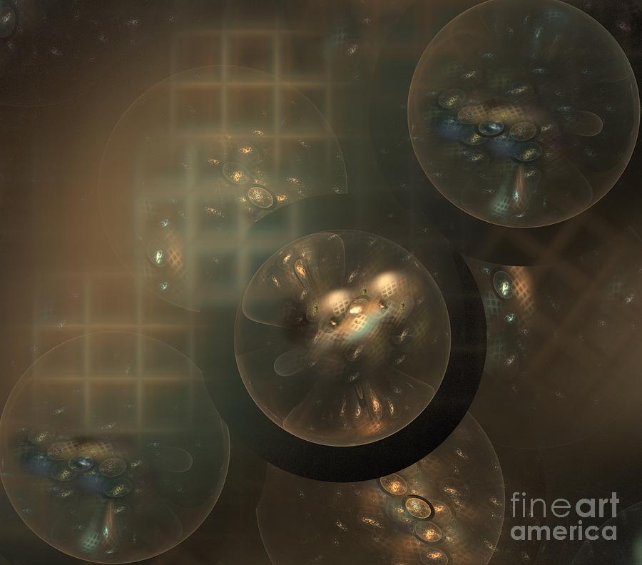 Abstract Digital Art - Bronze Blue Spheres by Kim Sy Ok