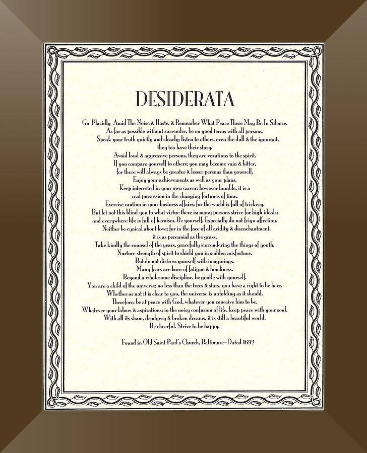 Christmas Mixed Media - Bronze Framed Leaf DESIDERATA Poster by Desiderata Gallery