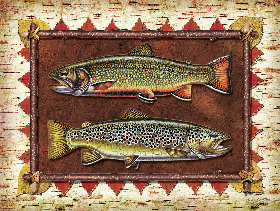 Trout Painting - Brook and Brown Trout Lodge by JQ Licensing