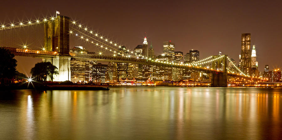 Brooklyn Bridge at Night Panorama 10 Photograph by Val ...