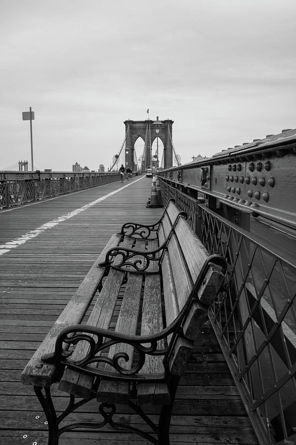 Brooklyn Bridge bench in Black and White Photograph by Nicole Freedman