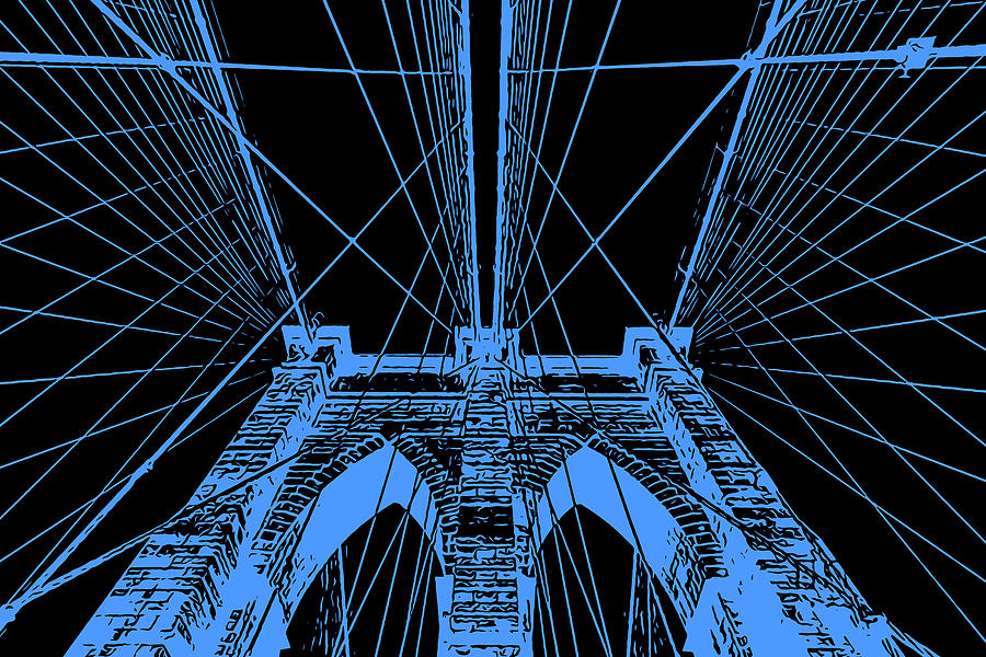 Brooklyn Bridge Painting - Brooklyn Bridge - Blue on Black by AM FineArtPrints