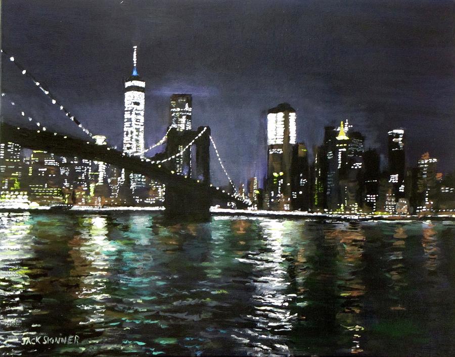 Brooklyn Bridge, East River at Night Painting by Jack Skinner
