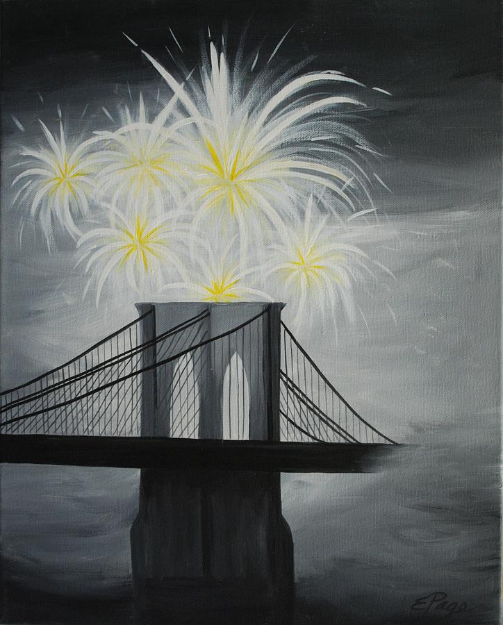 Brooklyn Bridge Fireworks Painting by Emily Page