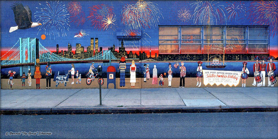 Brooklyn Bridge Fireworks towel version Painting by Bonnie Siracusa