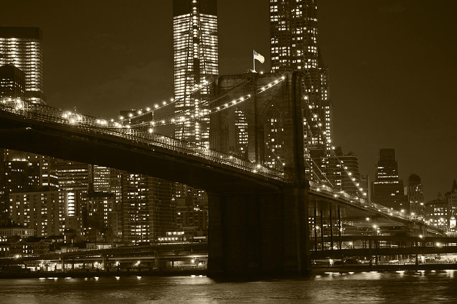 Brooklyn Bridge from Empire Fulton Ferry State Park Sepia Photograph by Toby McGuire