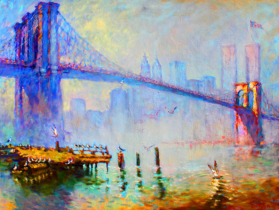 Brooklyn Bridge Painting - Brooklyn Bridge in a Foggy Morning by Ylli Haruni