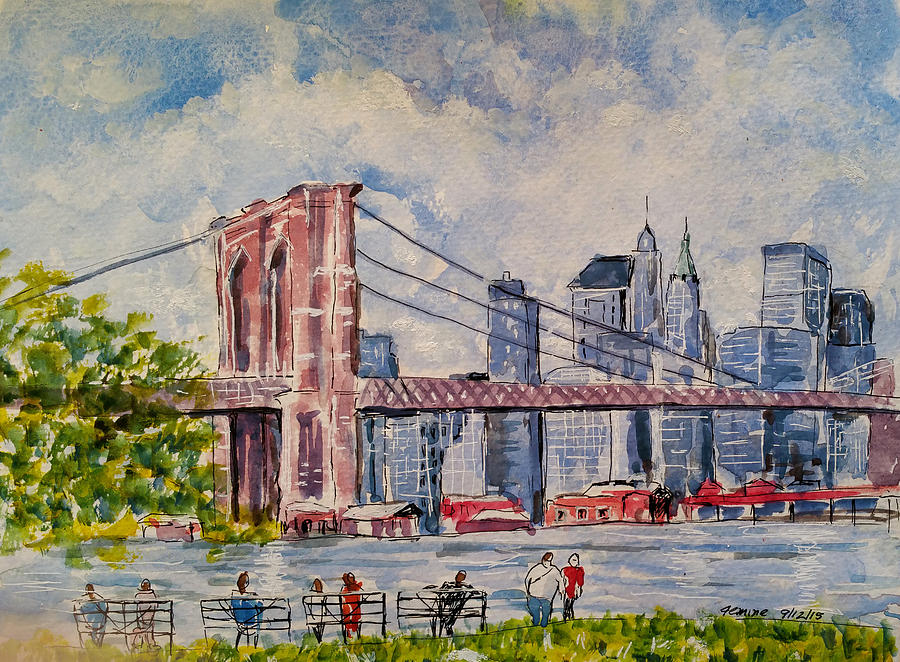 Brooklyn Bridge Painting - Relaxing by the Brooklyn Bridge by Lucille Femine