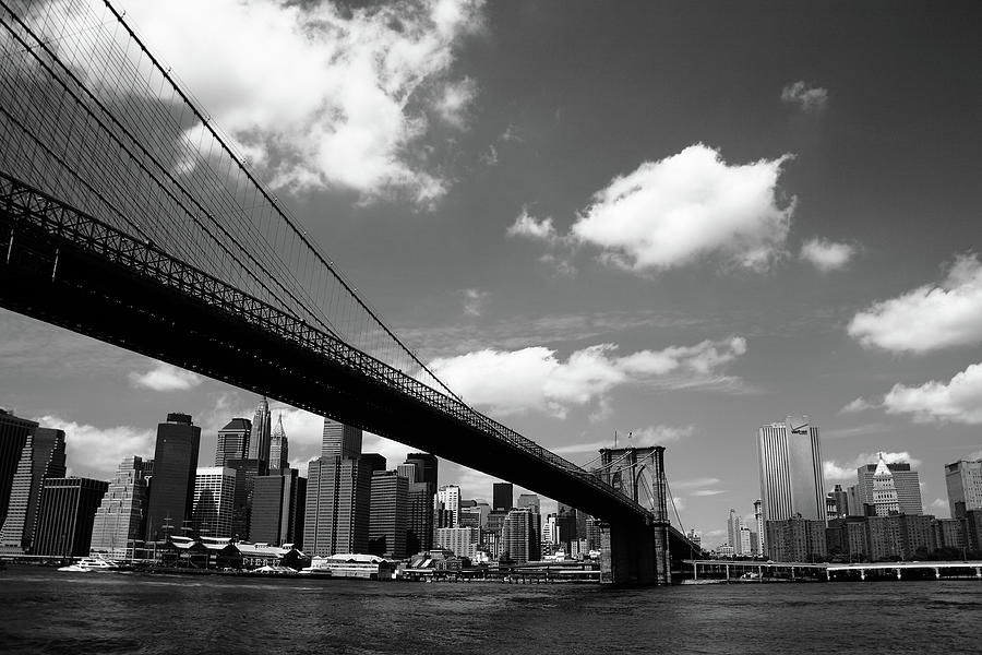 Brooklyn Bridge - New York City Skyline 2009 BW Photograph by Frank Romeo
