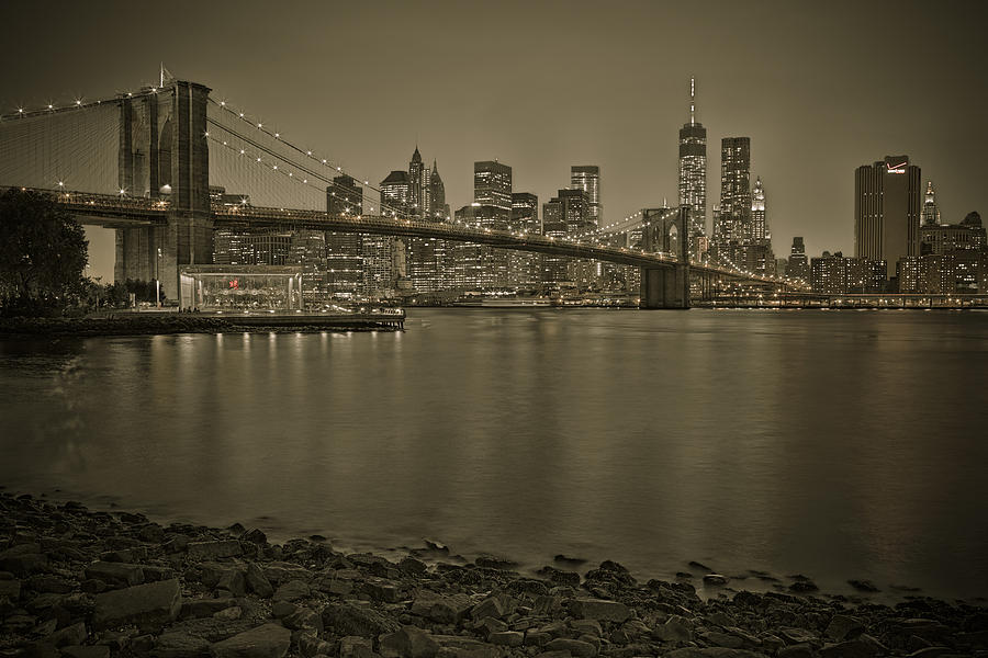 Brooklyn Bridge NYC Skyline Sepia Photograph by Susan Candelario
