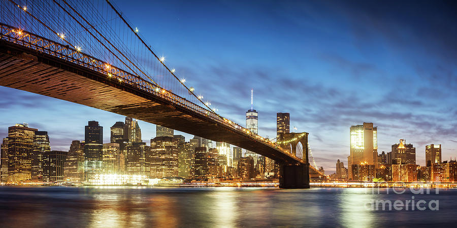 Brooklyn bridge panoramic at night, New York, USA Photograph by Matteo Colombo