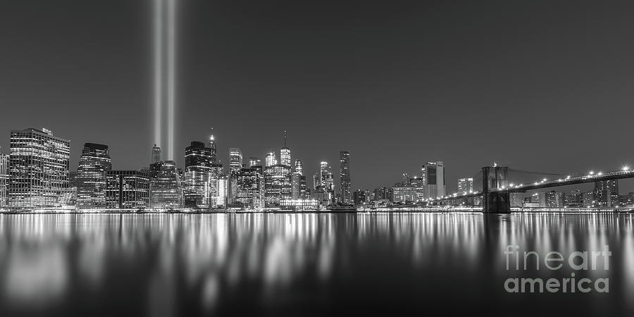 Brooklyn Bridge Park Tribute In Light Pano BW Photograph by Michael Ver Sprill