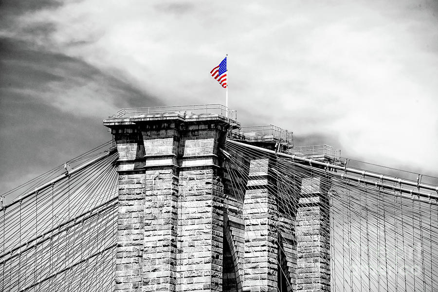 New York City Photograph - Brooklyn Bridge Tower and Flag by Regina Geoghan