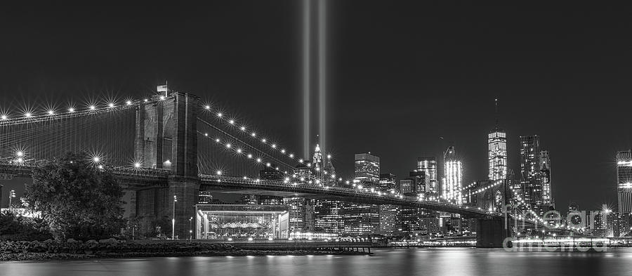 Brooklyn Bridge Photograph - Brooklyn Bridge Tribute In Light BW by Michael Ver Sprill