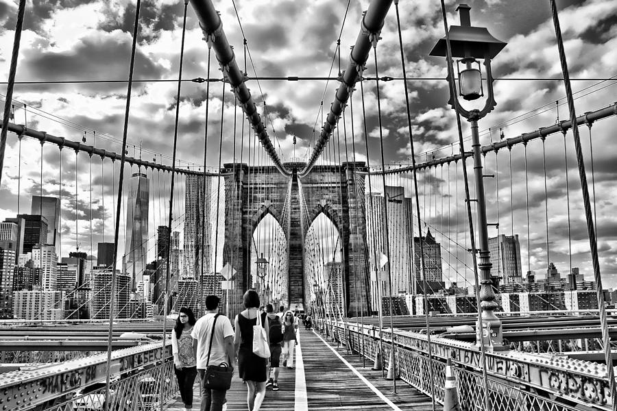 Brooklyn Bridge Walkway   B  and  W Photograph by Allen Beatty