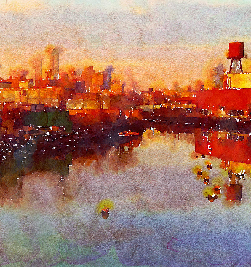 Sunset Painting - Brooklyn Canal At Dusk by Georgiana Romanovna