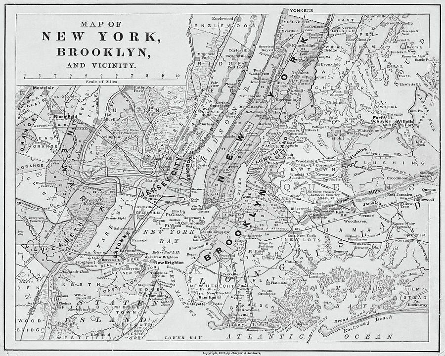 Brooklyn NY 1868 Map New York NY Black and White Photograph by Toby McGuire