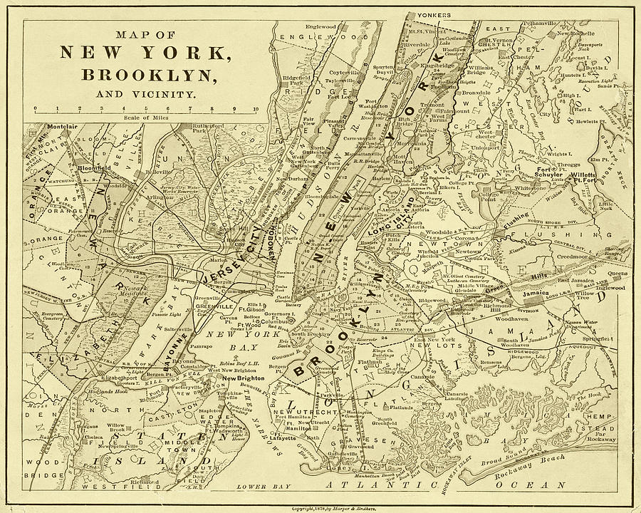 Brooklyn NY 1868 Map New York NY Sepia Photograph by Toby McGuire