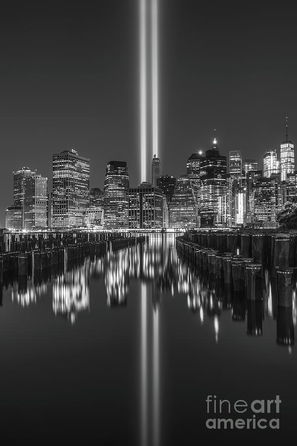 Brooklyn Pier Tribute In Light BW Photograph by Michael Ver Sprill