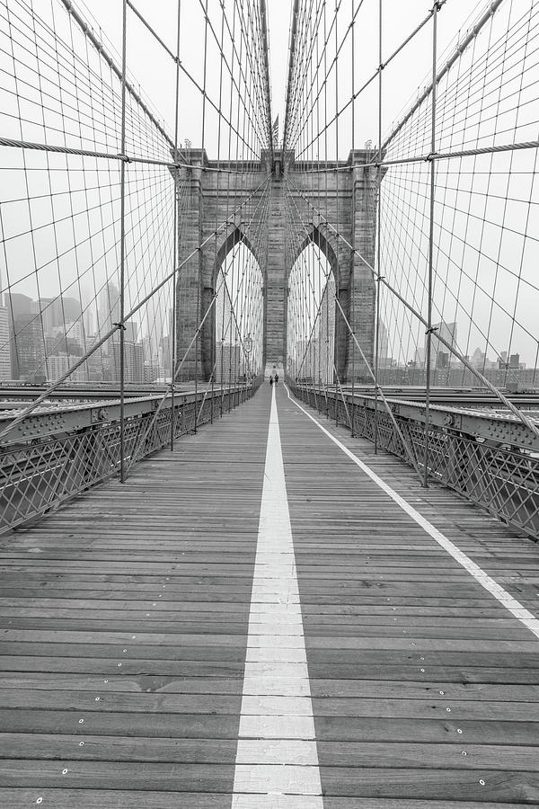 Black And White Photograph - Brookyln Bridge NYC with Fog  by John McGraw