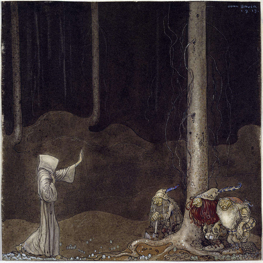 Brother Saint Martin and the Three Trolls Drawing by John Bauer
