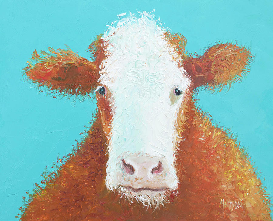 Brown Hereford on turquoise Painting by Jan Matson