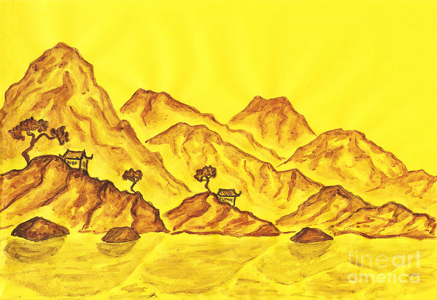 Brown hills on yellow background, painting Painting by Irina Afonskaya