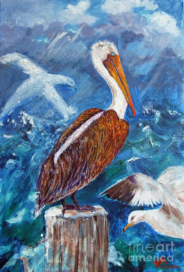 Bird Painting - Brown Pelican with Gulls by Doris Blessington