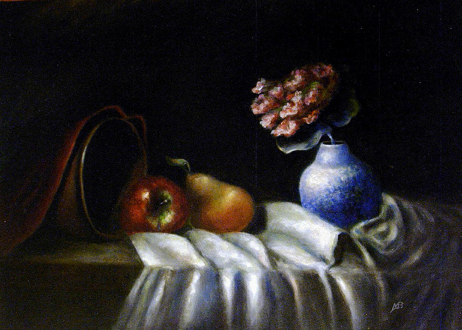 Colorful Fruits Painting - Brown Pot with Fruits and Blue China Vase by MM Zurahov
