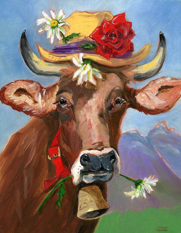 Brown Swiss in Summer Hat Painting by Susan Thomas