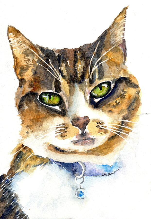 Brown Tabby Cat Watercolor Painting by Carlin Blahnik CarlinArtWatercolor