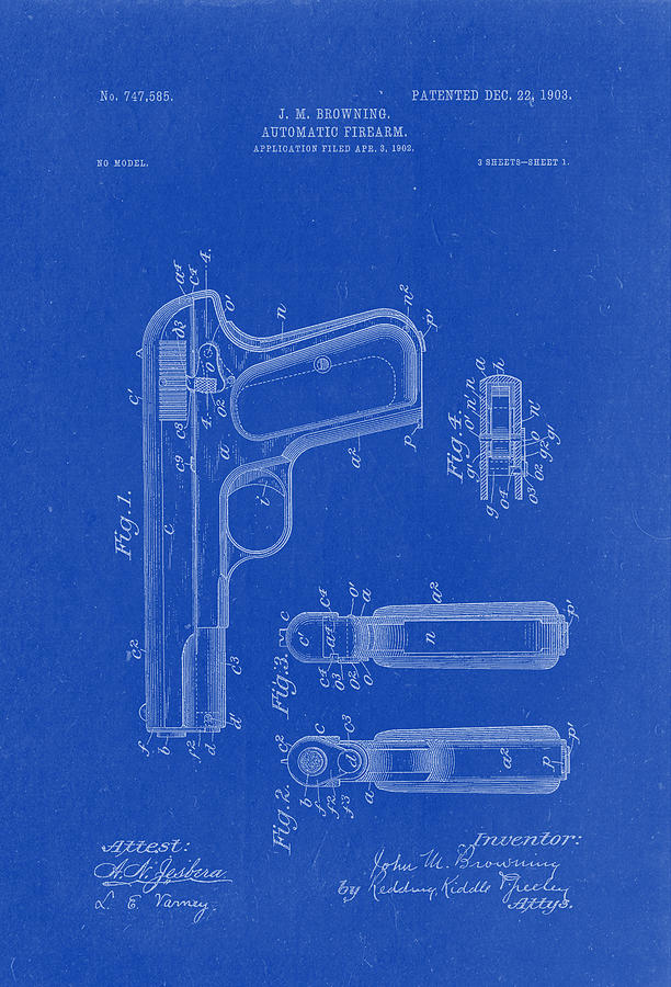 Browning Automatic Firearm Patent Drawing 1903 Blueprint Drawing by ...