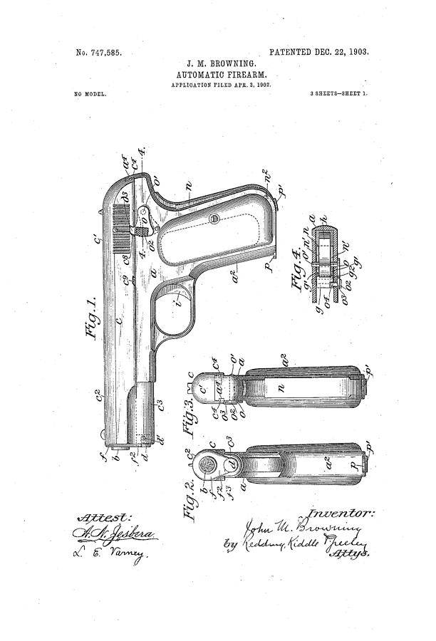 Browning Automatic Firearm Patent Drawing 1903 BW Drawing by Patently ...