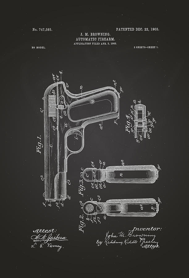 Browning Automatic Firearm Patent Drawing 1903 Chalkboard Drawing by ...