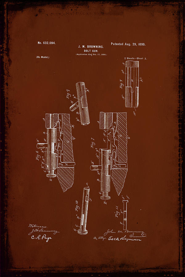 Leonardo Da Vinci Mixed Media - Browning Bolt Gun Patent Drawing 1g by Brian Reaves