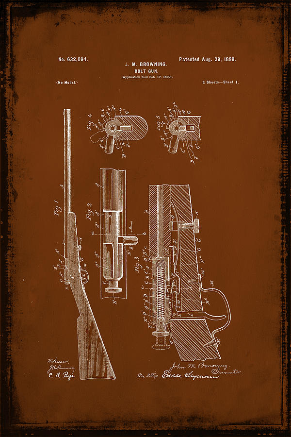 Leonardo Da Vinci Mixed Media - Browning Bolt Gun Patent Drawing 2h by Brian Reaves
