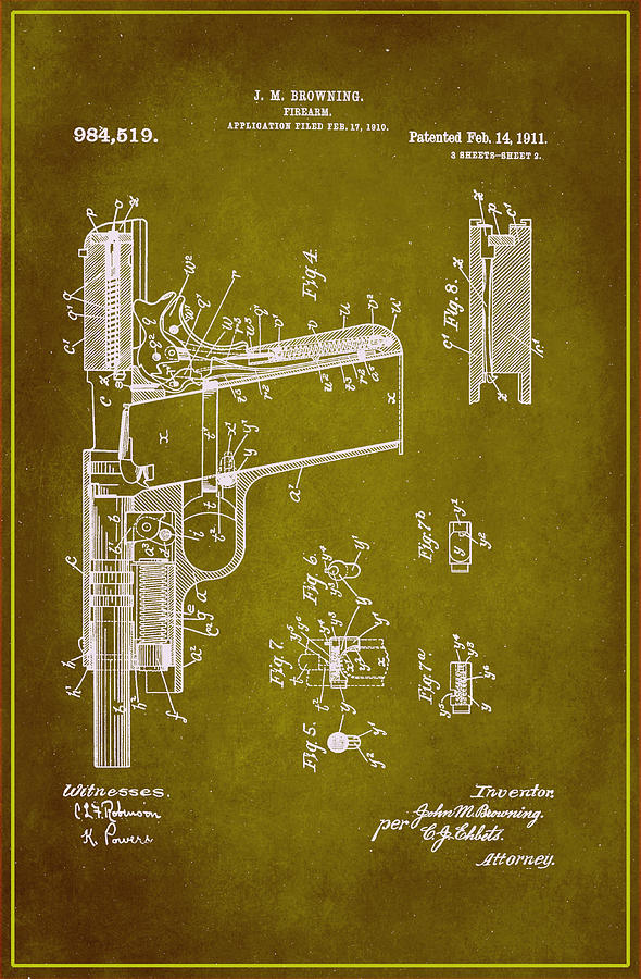 Browning Firearm Patent Drawing 1b Mixed Media by Brian Reaves