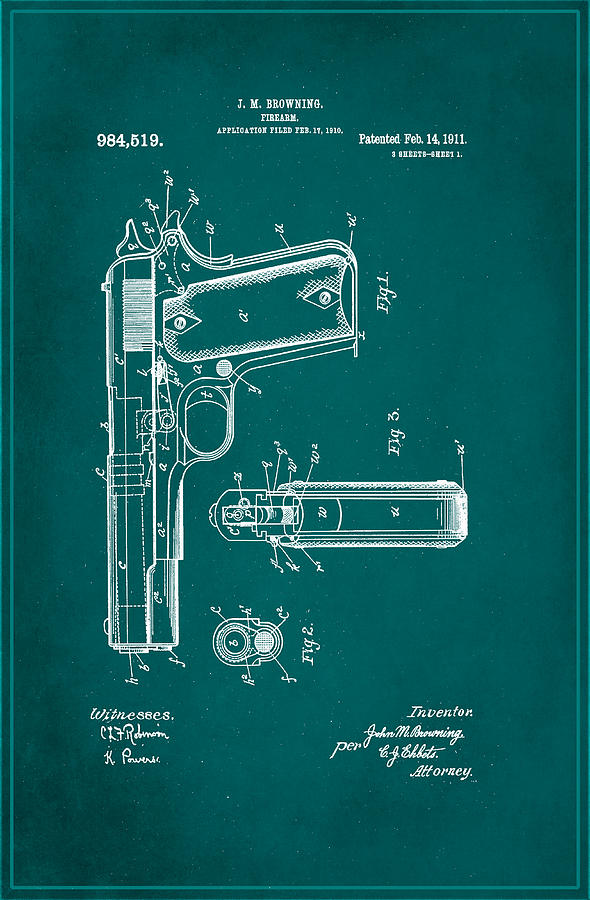 Browning Firearm Patent Drawing 3b Mixed Media by Brian Reaves