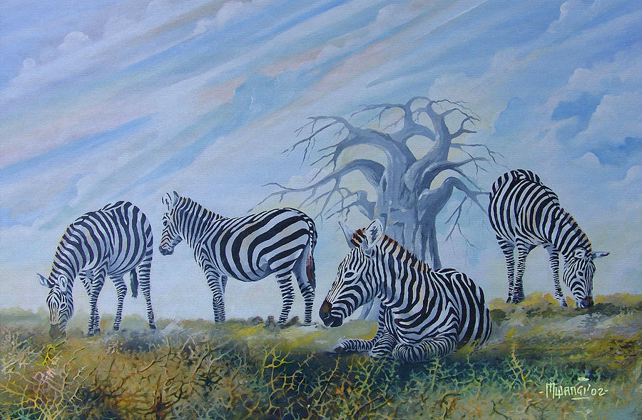 Browsing Zebras Painting by Anthony Mwangi