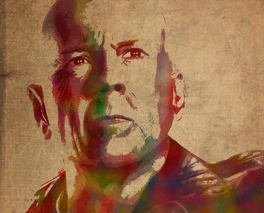 Bruce Willis Mixed Media - Bruce Willis Watercolor Portrait Hollywood Actor on Worn Distressed Canvas by Design Turnpike