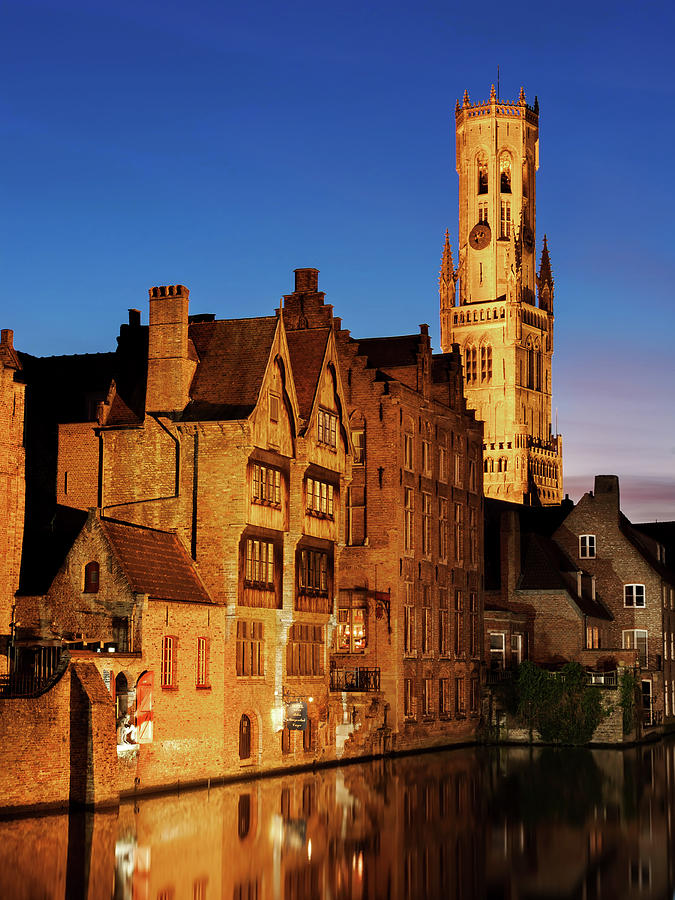 Architecture Photograph - Bruges Belfry at Night by Barry O Carroll