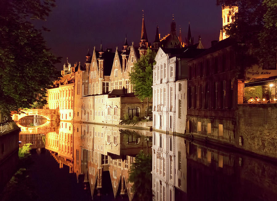 Architecture Photograph - Bruges Canal Reflections at Night by Phyllis Taylor