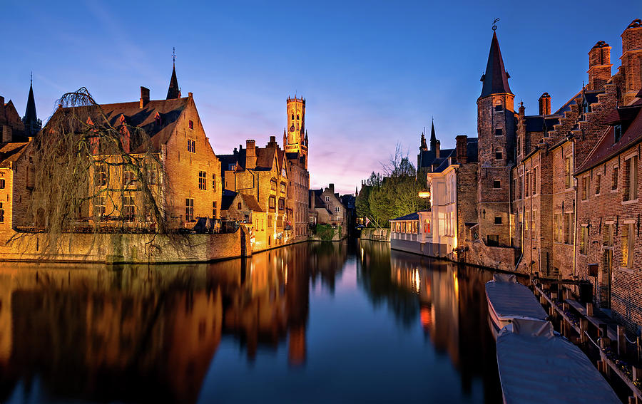 Architecture Photograph - Bruges Canals at Blue hour by Barry O Carroll