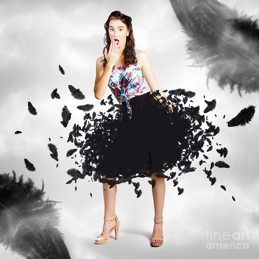 Brunette pin-up woman in gorgeous feather skirt Photograph by Jorgo Photography