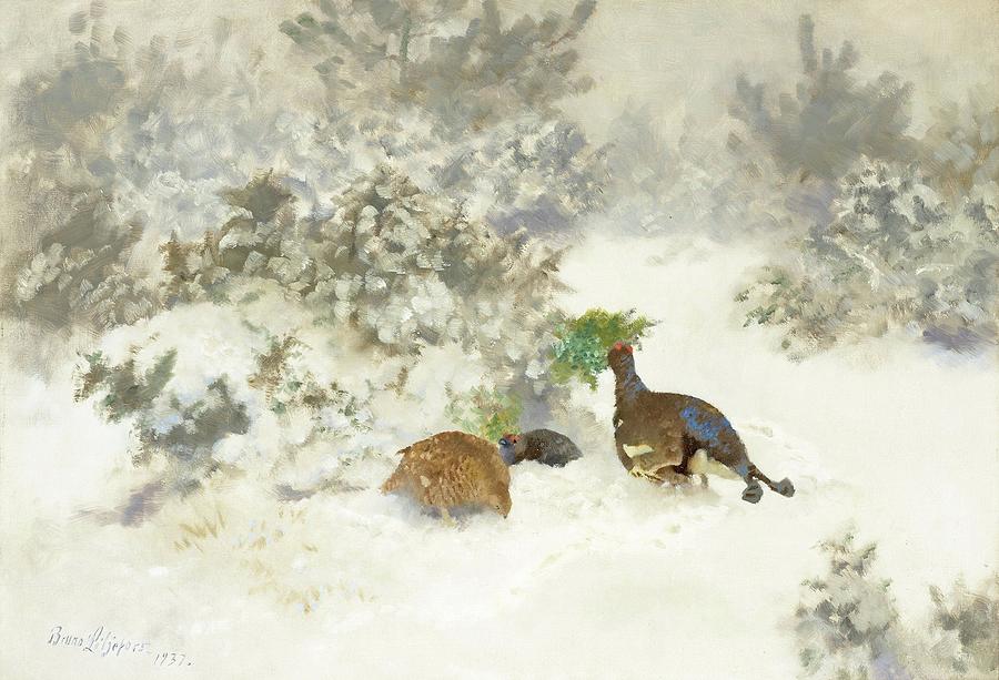 Bruno Liljefors Painting - Bruno Liljefors, Winter Landscape With Black Grouse And Grey Hen. by Artistic Rifki