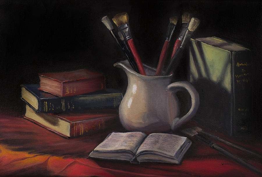 ART PRINT Still Life of Books Oil Painting Brush Inkwell and a Pen