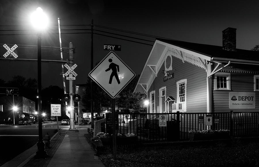 Depot Photograph - Bryson City Depot At Night In Black and White by Greg and Chrystal Mimbs