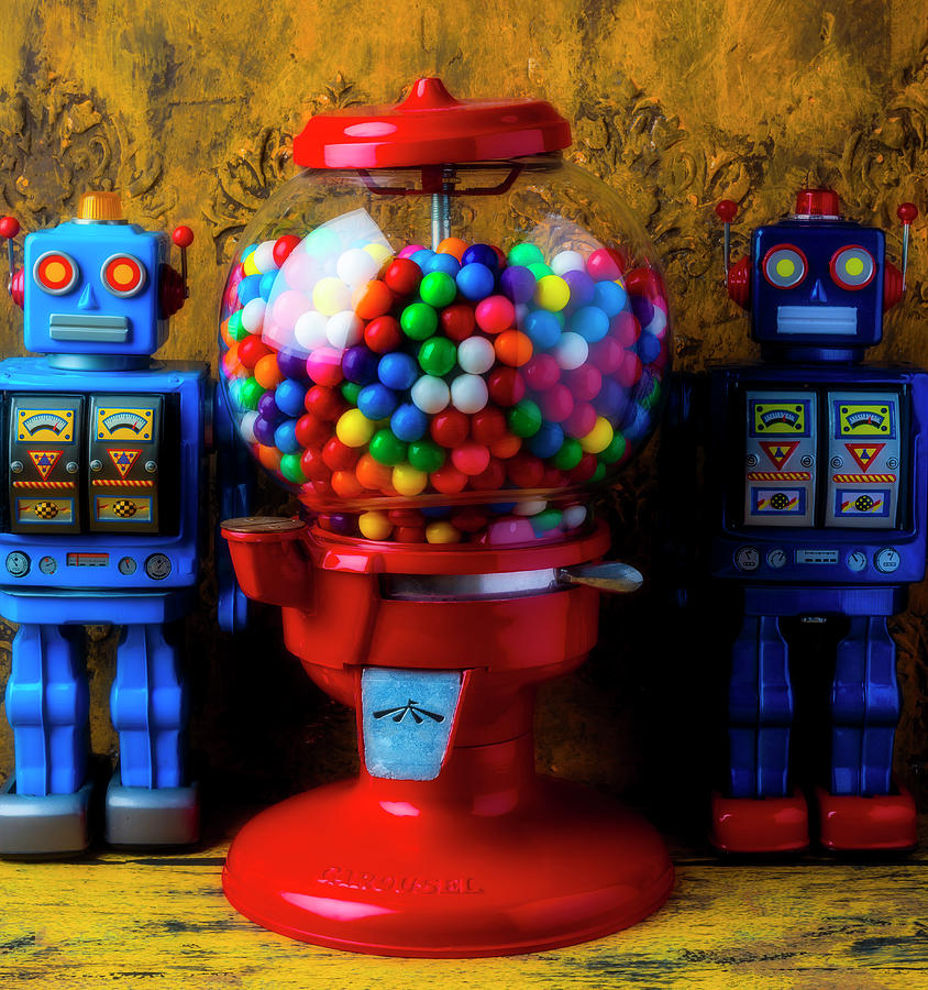 Bubblegum Machine And Two Robots Photograph by Garry Gay