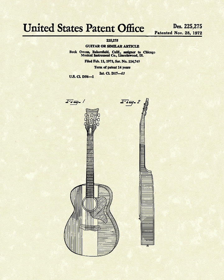 Buck Owens Drawing - Buck Owens Guitar 1972 Patent Art  by Prior Art Design