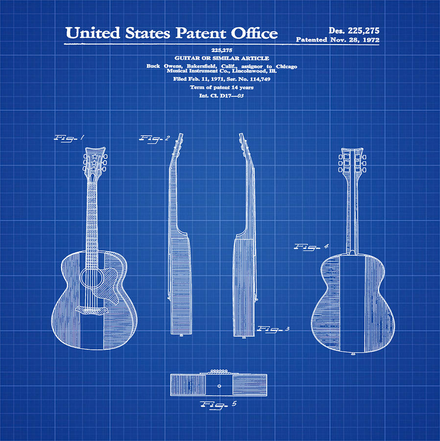 Music Photograph - Buck Owens Guitar Patent 1972 Blue Print by Bill Cannon